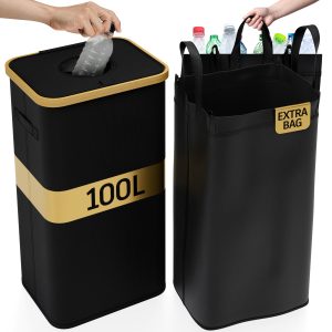 Deco haus® Cesto para garrafas 100L [incluindo uma bolsa adicional para transporte] – Armazenamento para garrafas com orifício – Cesto para garrafas – Recipiente dobrável para garrafas – Recipiente para reciclagem – Coletor para garrafas vazias