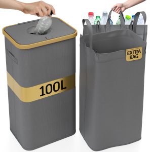 Deco haus® Cesto para garrafas 100L [incluindo uma bolsa adicional para transporte] – Armazenamento para garrafas com orifício – Cesto para garrafas – Recipiente dobrável para garrafas – Recipiente para reciclagem – Coletor para garrafas vazias
